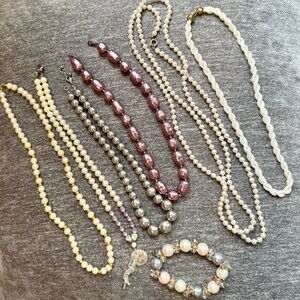 Elegant Pearl Necklace Set - Cream, Pink, Silver